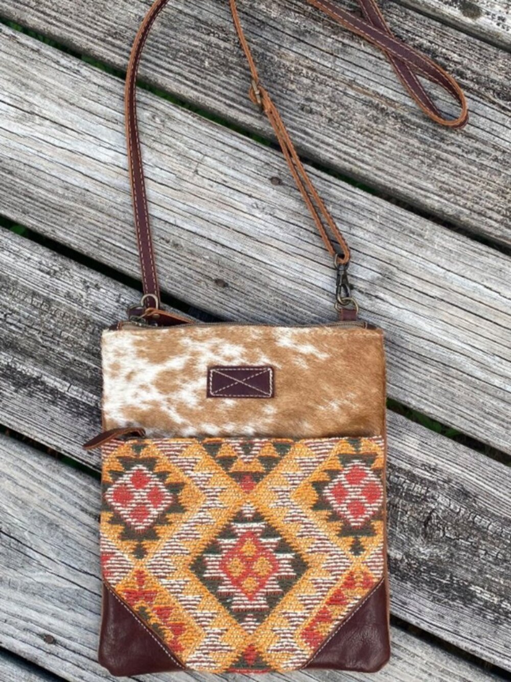 Myra Bag Cross-body Purse Canvas South Western Aztec Tapestry Leather Cowhide